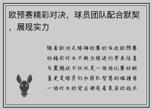 欧预赛精彩对决，球员团队配合默契，展现实力