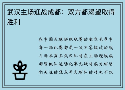 武汉主场迎战成都：双方都渴望取得胜利