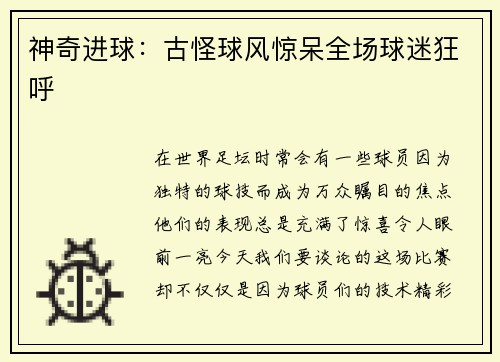 神奇进球：古怪球风惊呆全场球迷狂呼