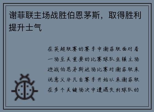 谢菲联主场战胜伯恩茅斯，取得胜利提升士气