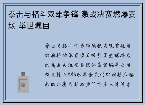 拳击与格斗双雄争锋 激战决赛燃爆赛场 举世瞩目