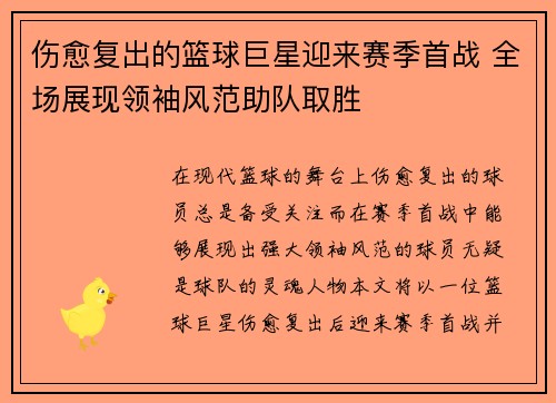 伤愈复出的篮球巨星迎来赛季首战 全场展现领袖风范助队取胜