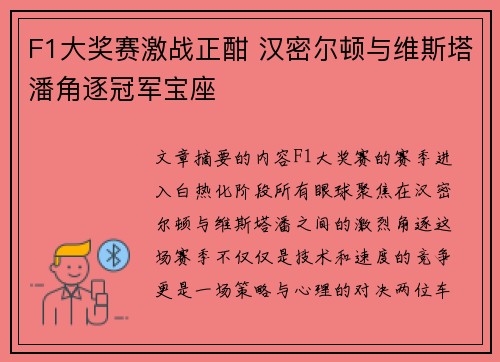 F1大奖赛激战正酣 汉密尔顿与维斯塔潘角逐冠军宝座