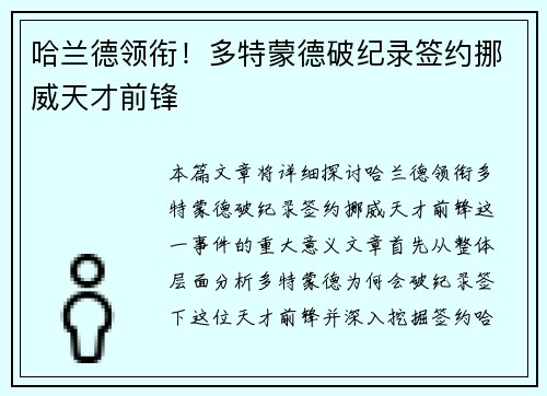 哈兰德领衔！多特蒙德破纪录签约挪威天才前锋